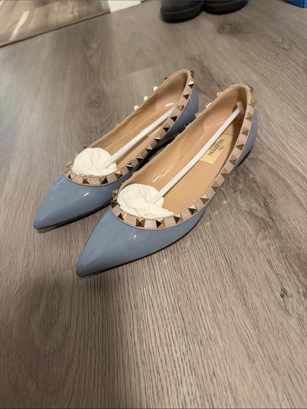 Valentino Patent Leather Pointed Toe Studded Flats in Light Blue